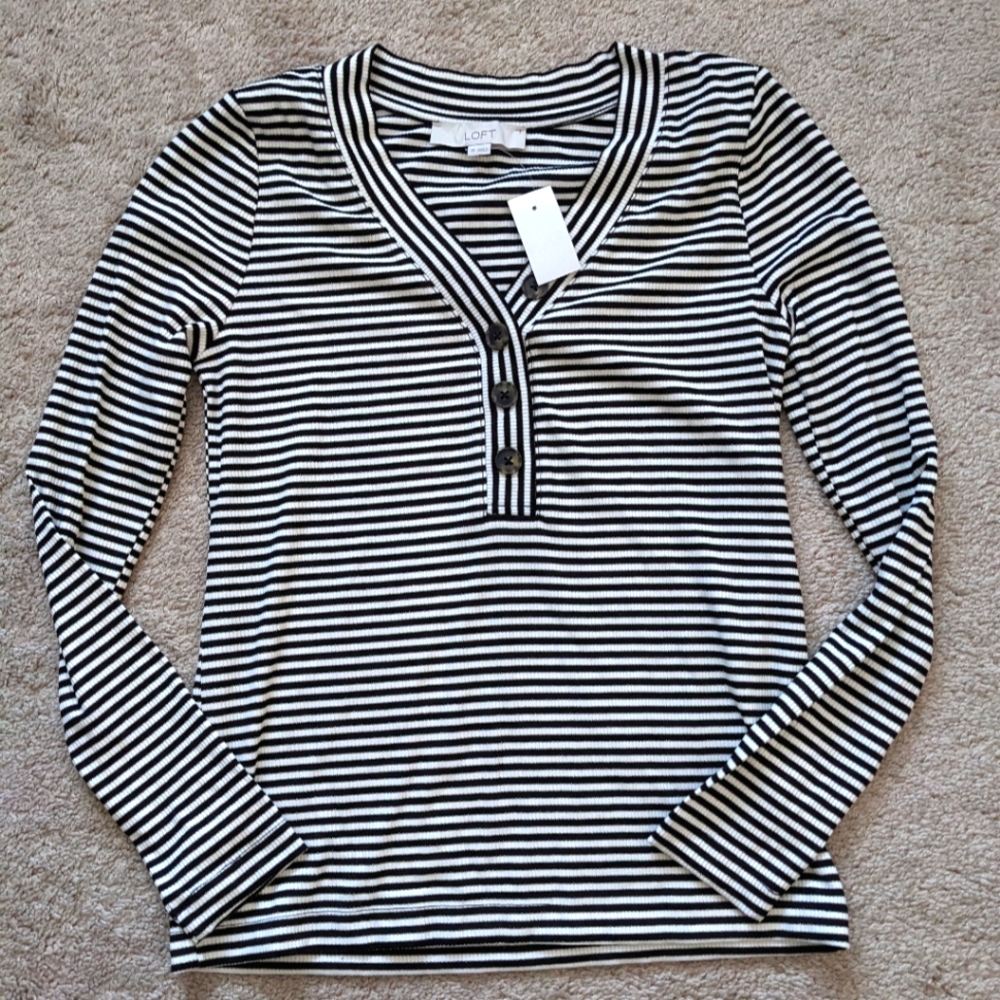 NWT Loft Long Sleeve Striped Black and White Henley Top size XS